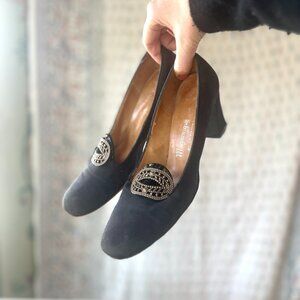 Vintage 1950s-1960s Black Pilgrim Shoes with Silver Buckles